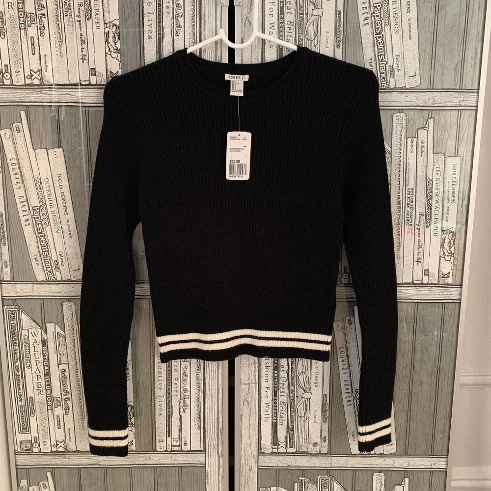 Striped Ribbed Crewneck Crop Sweater Crew M Medium